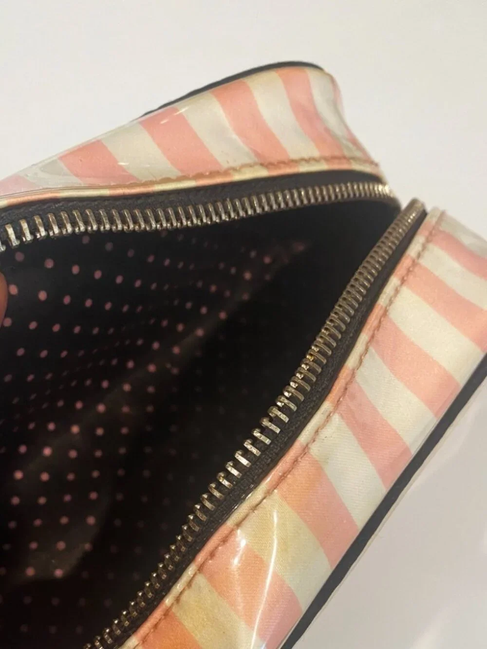 Victoria's Secret Cosmetic Bag Pink Stripe Black Trim Zip Top Lined Makeup Case
